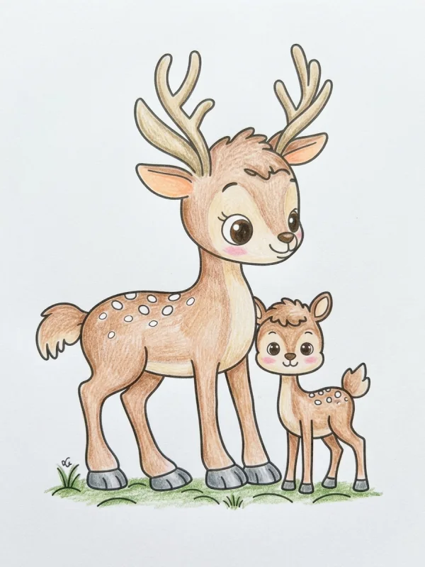 Deer coloring page colored in with pencils