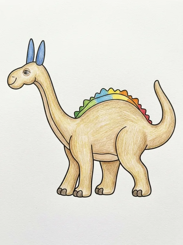 Dinosaur coloring page colored in with pencils