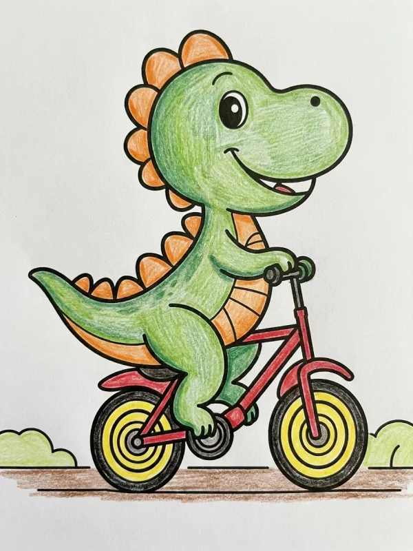 Dinosaurs coloring page colored in with pencils