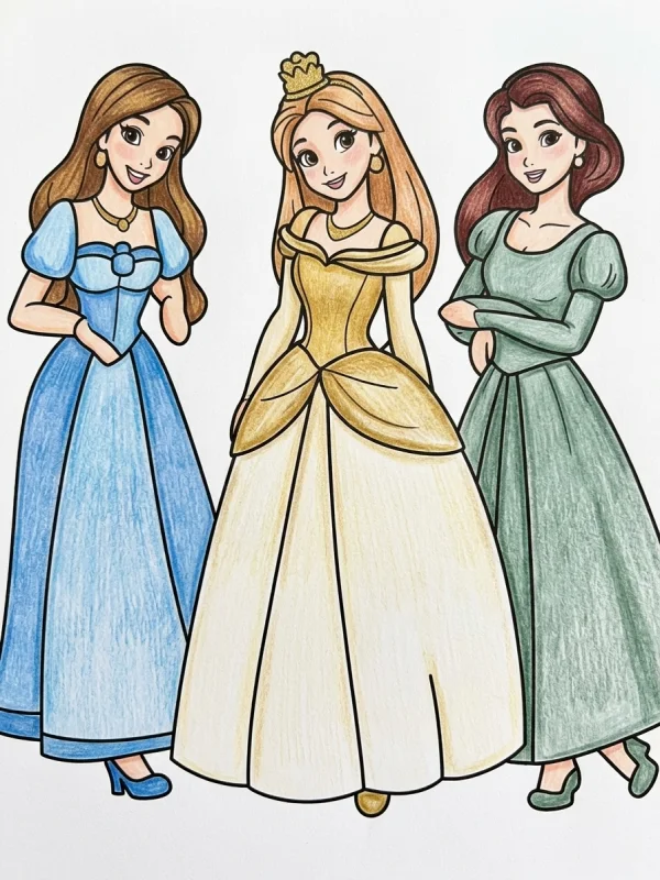 Disney coloring page colored in with pencils