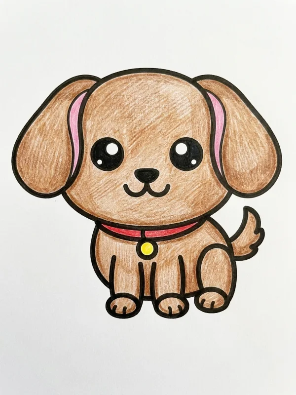 Dog coloring page colored in with pencils