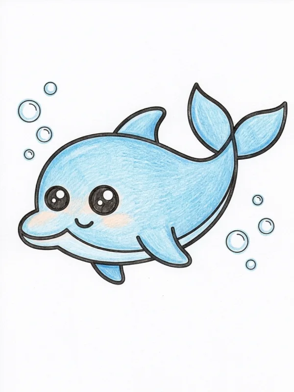 Dolphins coloring page colored in with pencils
