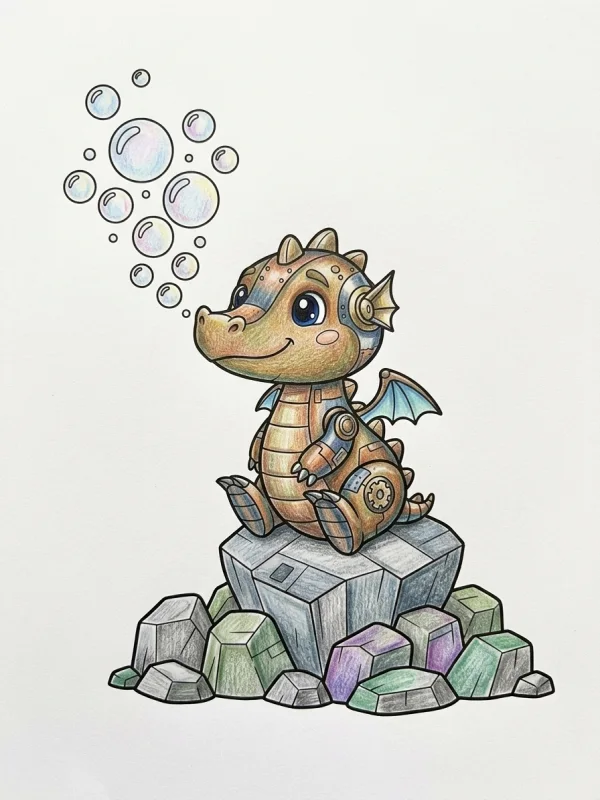 Dragon Robot coloring page colored in with pencils