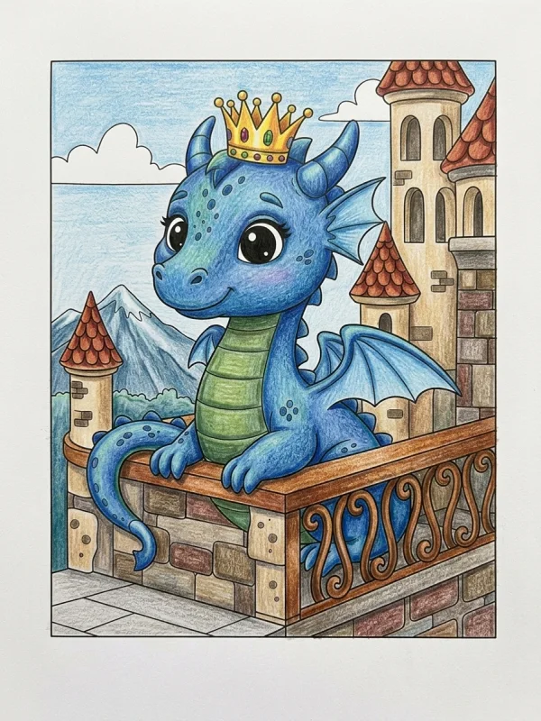 Dragon coloring page colored in with pencils