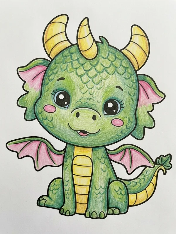 Dragons coloring page colored in with pencils