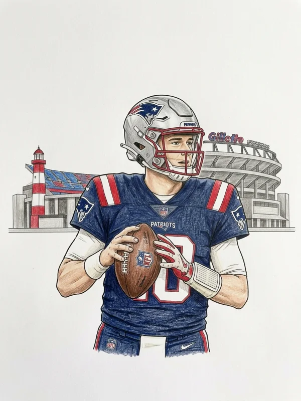 Drake Maye coloring page colored in with pencils
