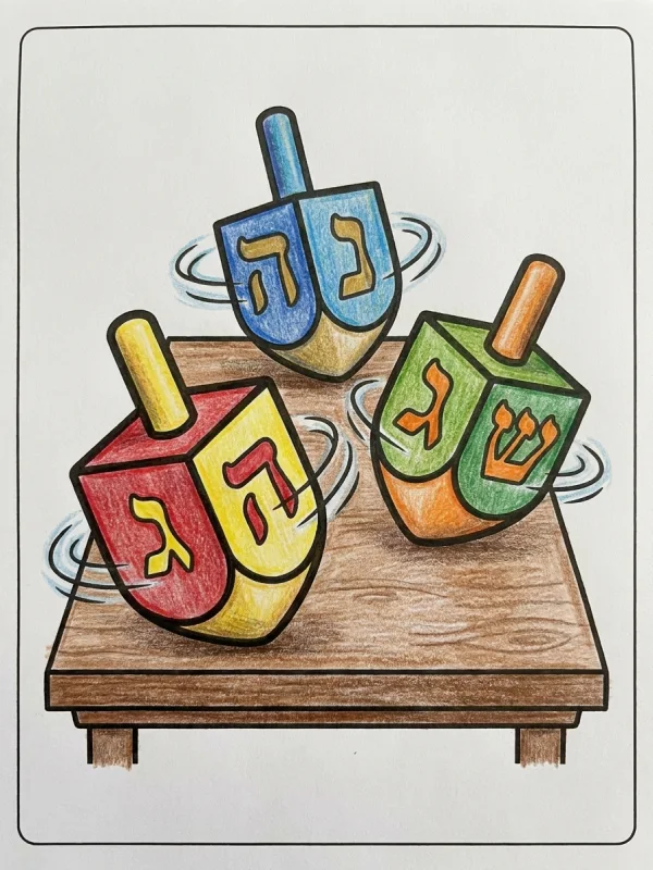 Dreidel coloring page colored in with pencils