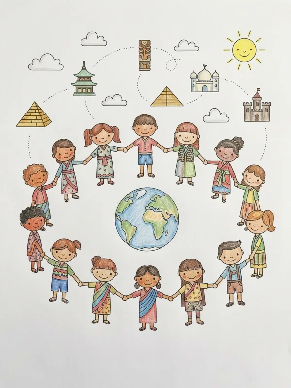 Earth coloring page colored in with pencils