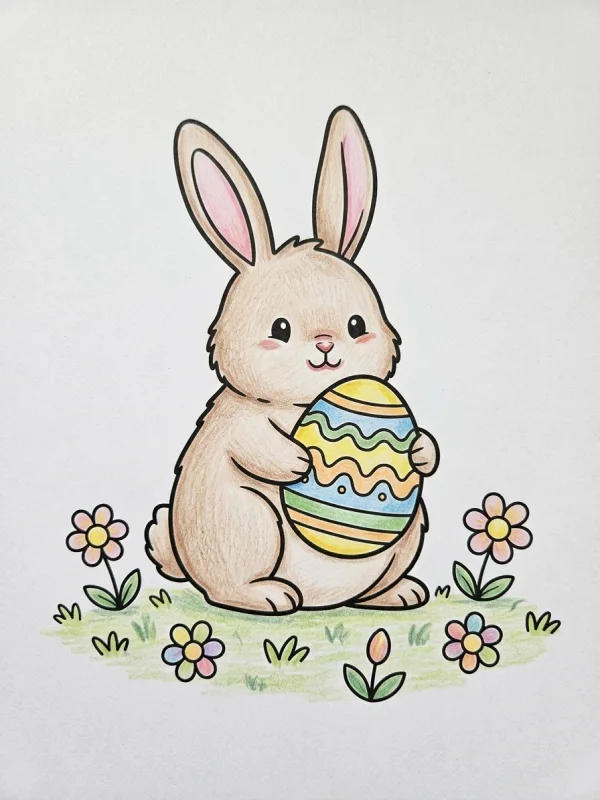 Easter coloring page colored in with pencils
