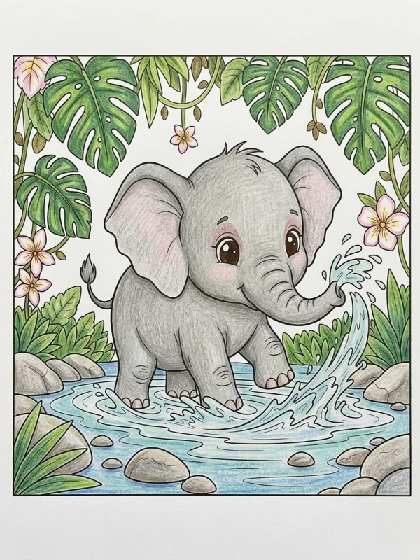 Elephant coloring page colored in with pencils