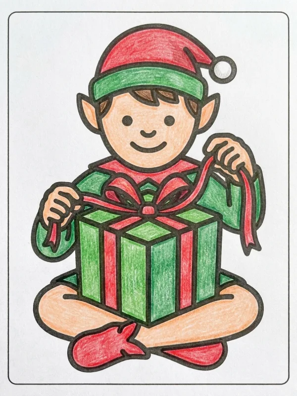 Elf coloring page colored in with pencils