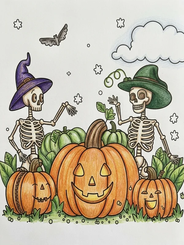 Fall coloring page colored in with pencils