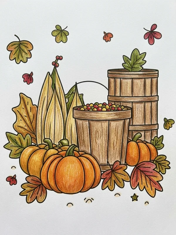 Fall coloring page colored in with pencils