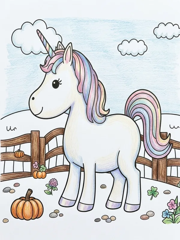 Farm coloring page colored in with pencils