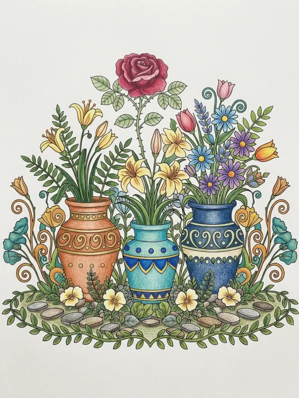 Floral coloring page colored in with pencils