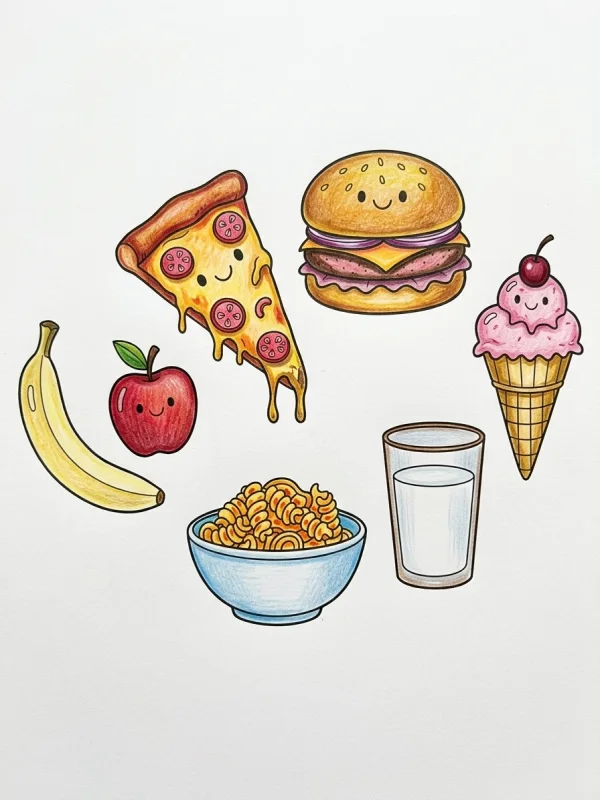 Food coloring page colored in with pencils