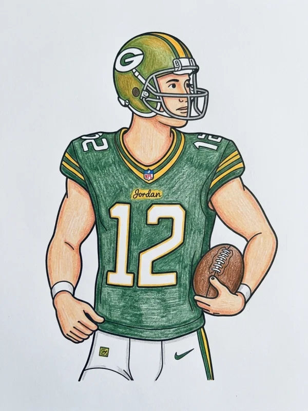 Football coloring page colored in with pencils