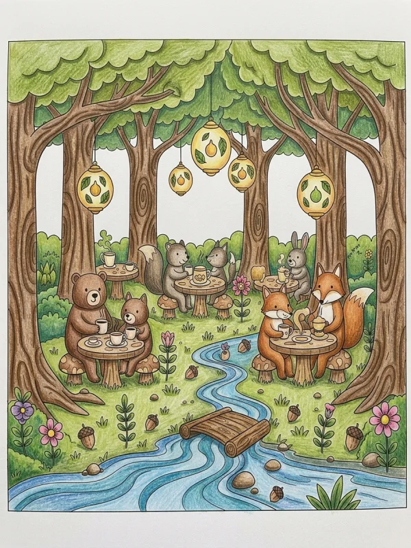 Forest coloring page colored in with pencils