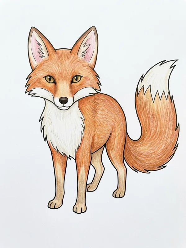 Fox coloring page colored in with pencils