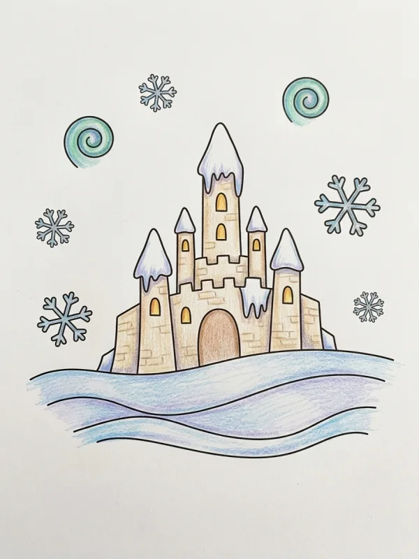 Frozen coloring page colored in with pencils