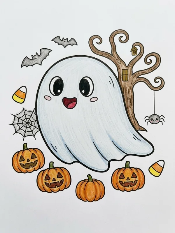 Ghost coloring page colored in with pencils
