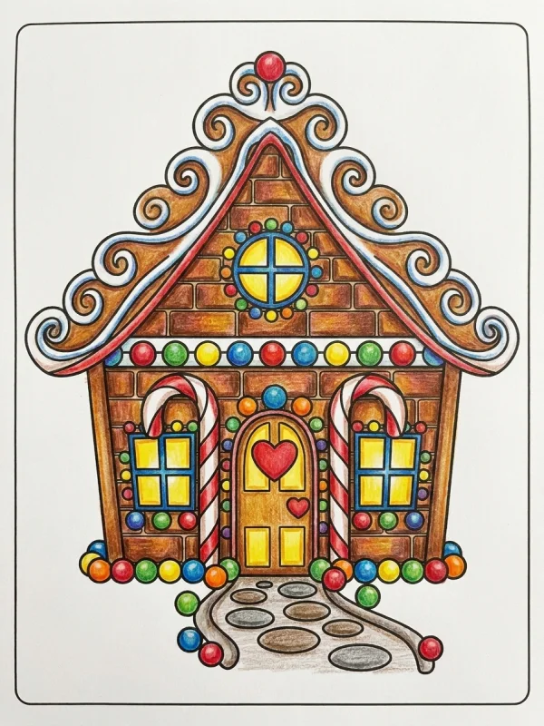Dibujos de Casas de Jengibre para Colorear, pintado con lápices de colores