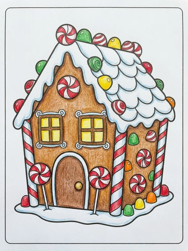 Gingerbread coloring page colored in with pencils
