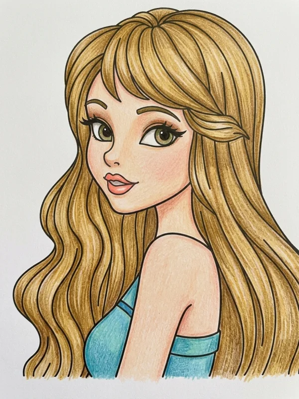 Girl coloring page colored in with pencils