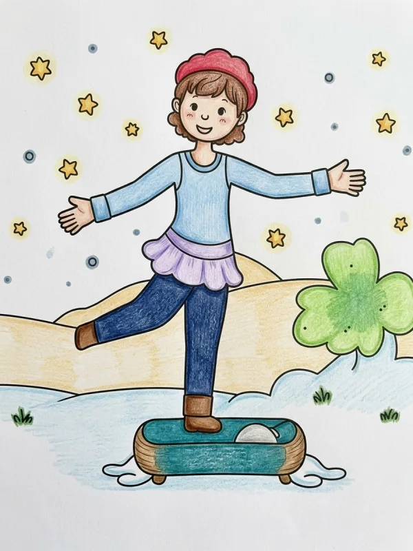 Gymnastics coloring page colored in with pencils