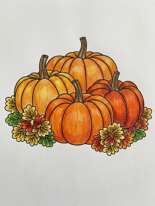 Halloween coloring page colored in with pencils