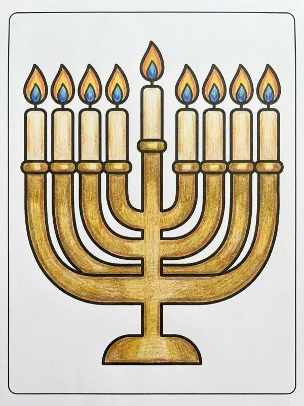 Hanukkah coloring page colored in with pencils