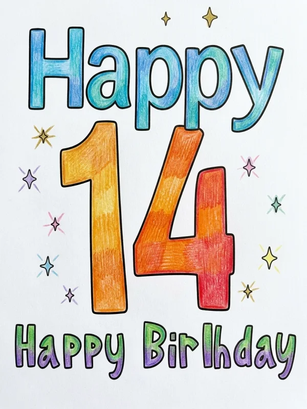 Happy Birthday coloring page colored in with pencils