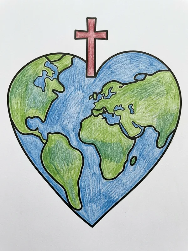 Heart coloring page colored in with pencils