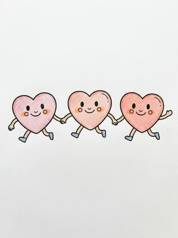 Hearts coloring page colored in with pencils