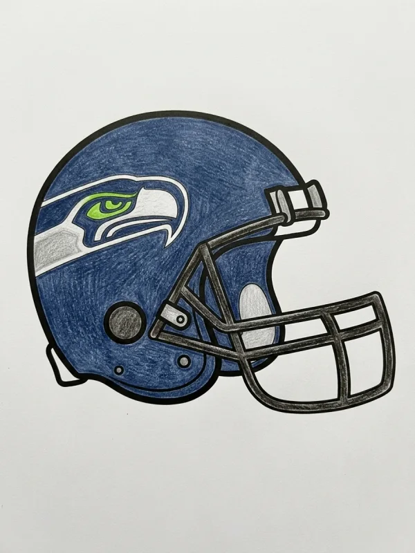Helmet coloring page colored in with pencils