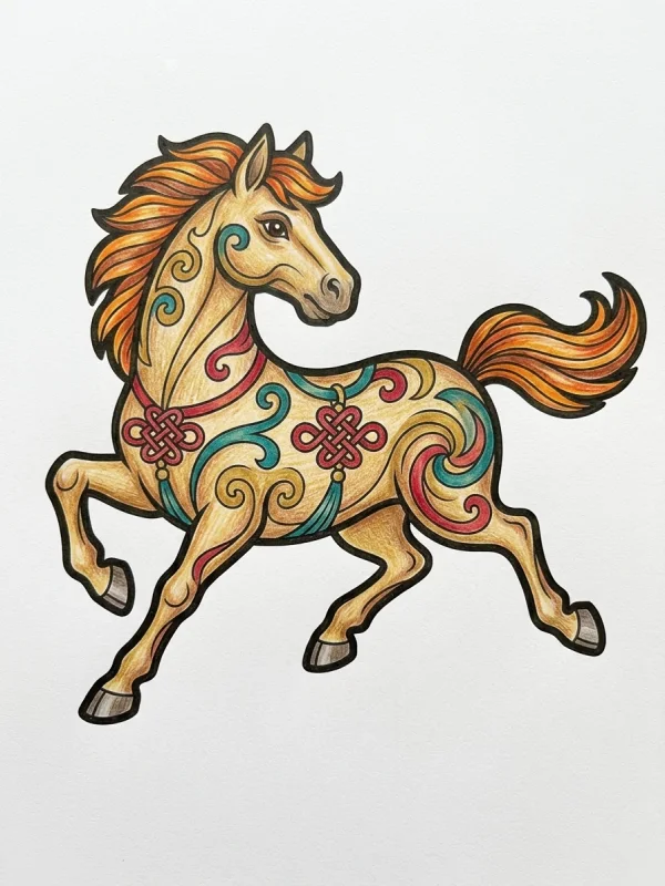 Horse coloring page colored in with pencils