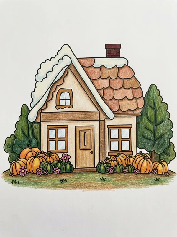 House coloring page colored in with pencils