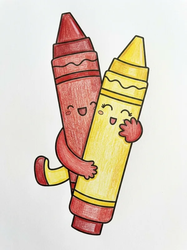 Hug coloring page colored in with pencils