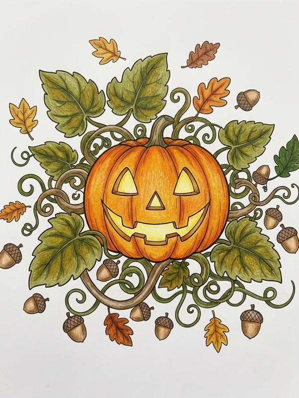 Jack-o-lantern coloring page colored in with pencils