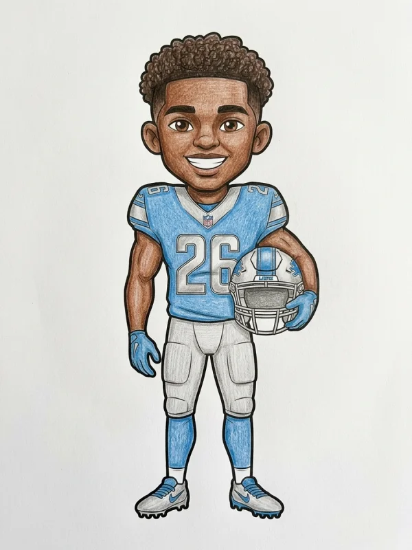 Jahmyr Gibbs coloring page colored in with pencils