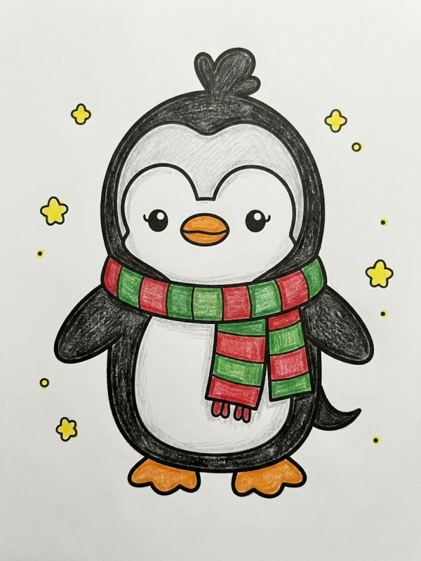 Kawaii coloring page colored in with pencils