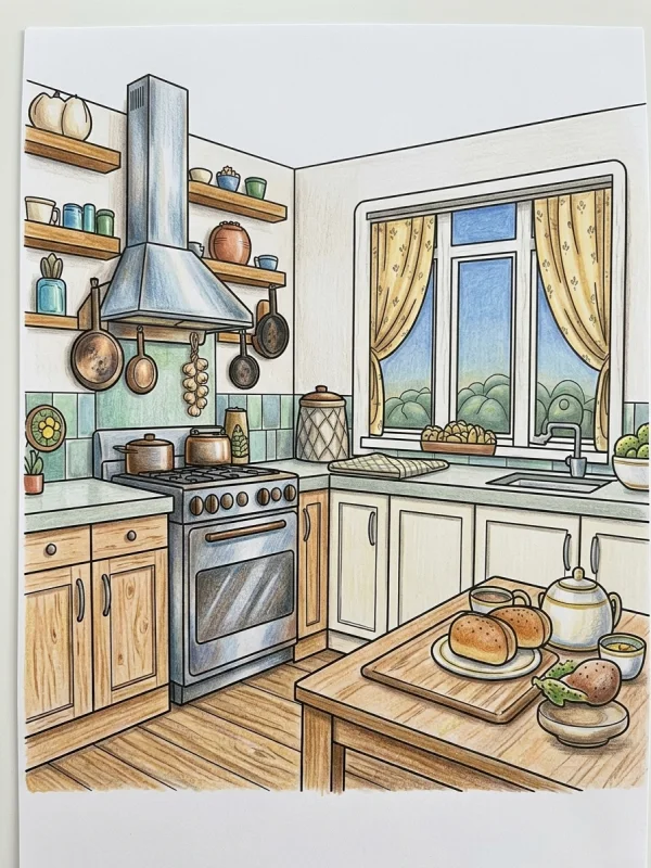 Kitchen coloring page colored in with pencils