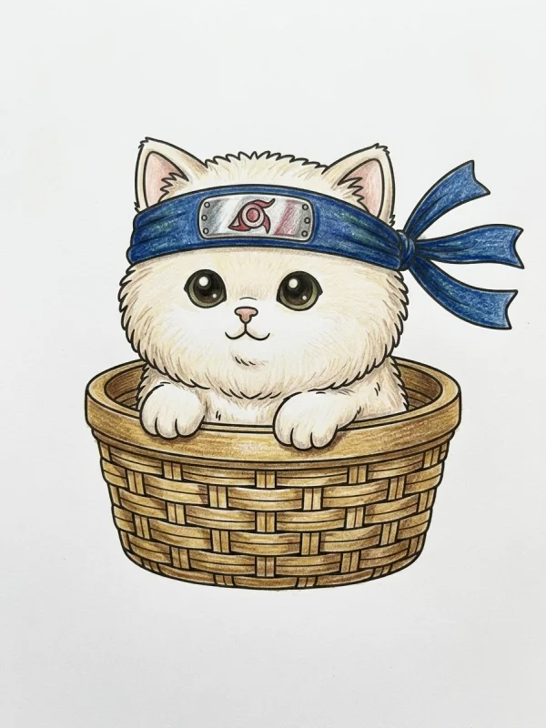 Kitten coloring page colored in with pencils