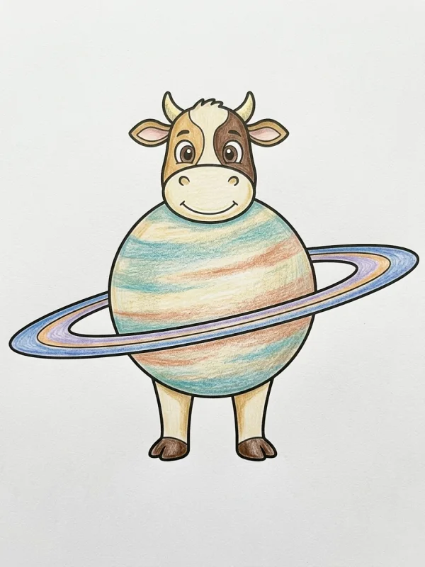 La Vaca Saturno Saturnita coloring page colored in with pencils
