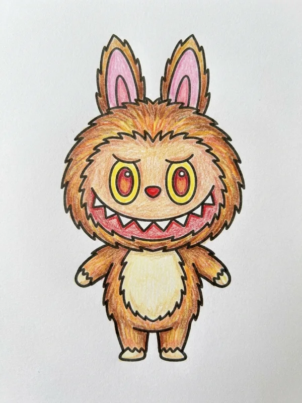 Labubu coloring page colored in with pencils