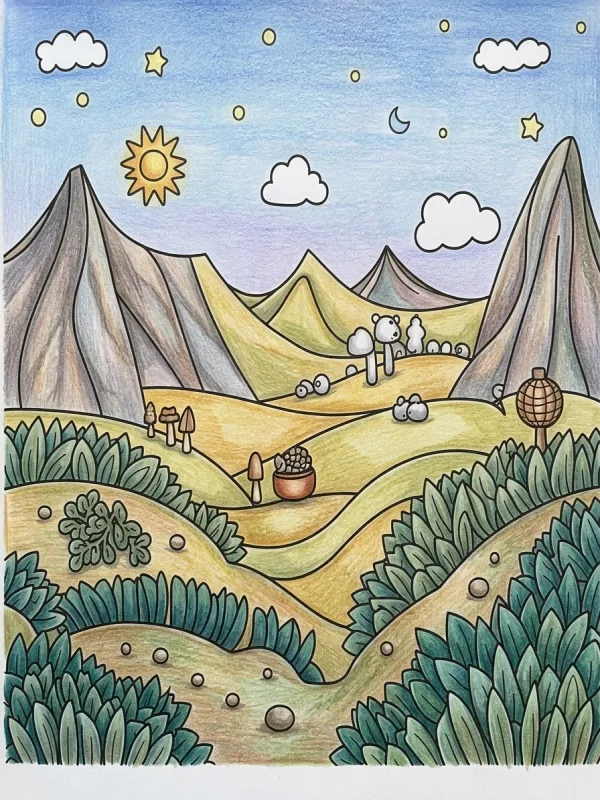 Landscape coloring page colored in with pencils