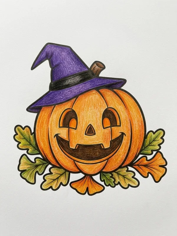 Leaves coloring page colored in with pencils