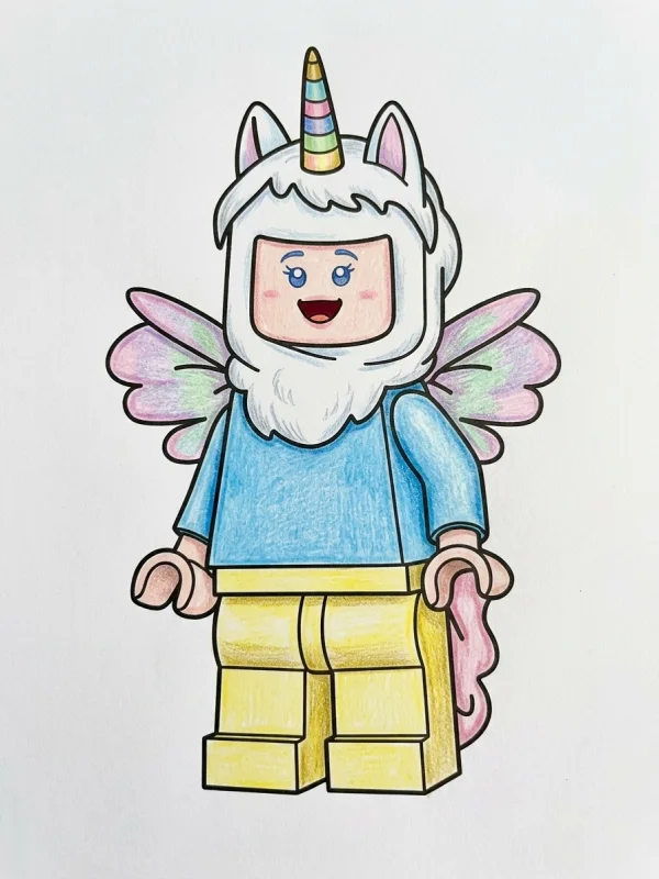 Lego coloring page colored in with pencils