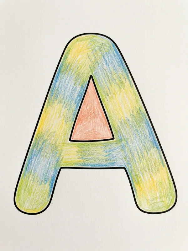 Letter coloring page colored in with pencils