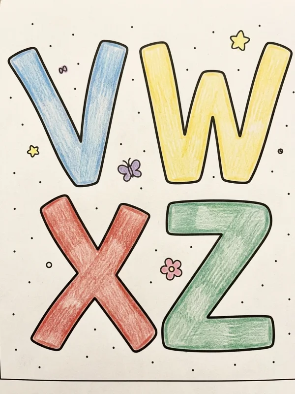 Letters coloring page colored in with pencils